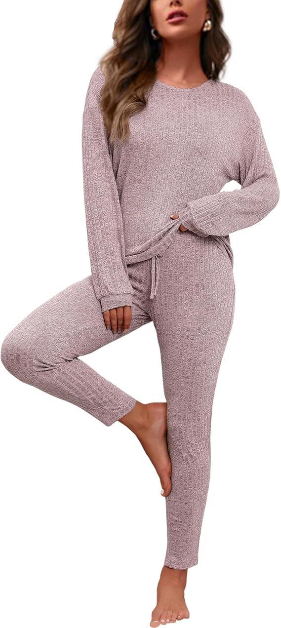 difficort Womens Pajama Sets Long Sleeve Pjs Soft Sleepwear Ribbed Knit Lounge Set with Pockets | Amazon (US)