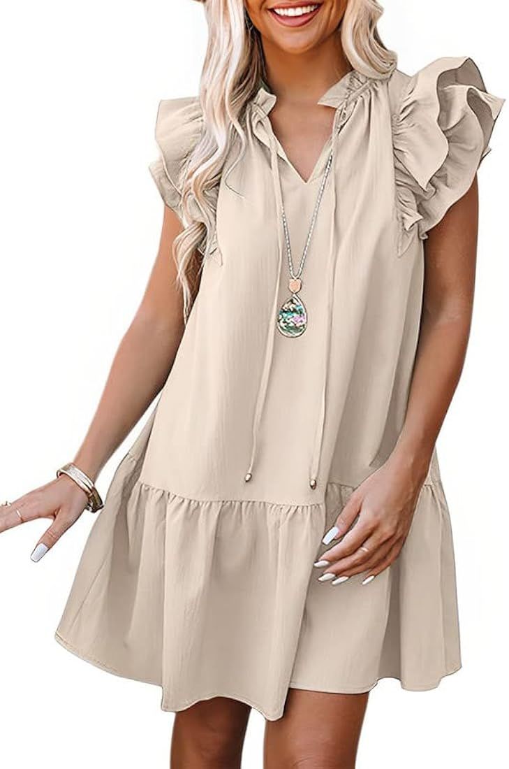 Dokotoo Womens 2023 Summer V-Neck Drawstring Ruffle Cap Short Sleeve Side Pockets Mini Dress Sund... | Amazon (US)