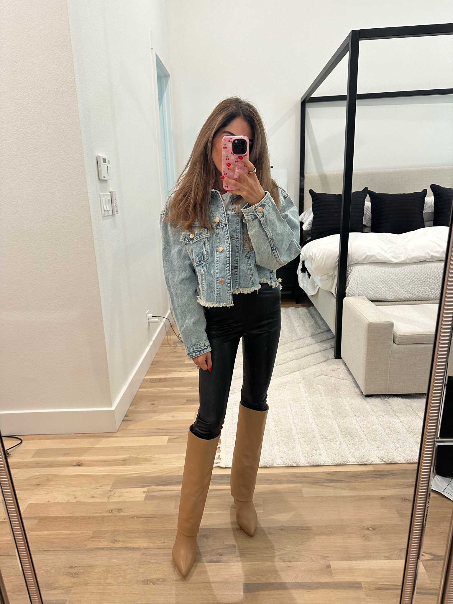 Cropped denim jacket size xxs faux leather pants size xs boots code belbel20 

#LTKFindsUnder100 #LTKSaleAlert #LTKFindsUnder50