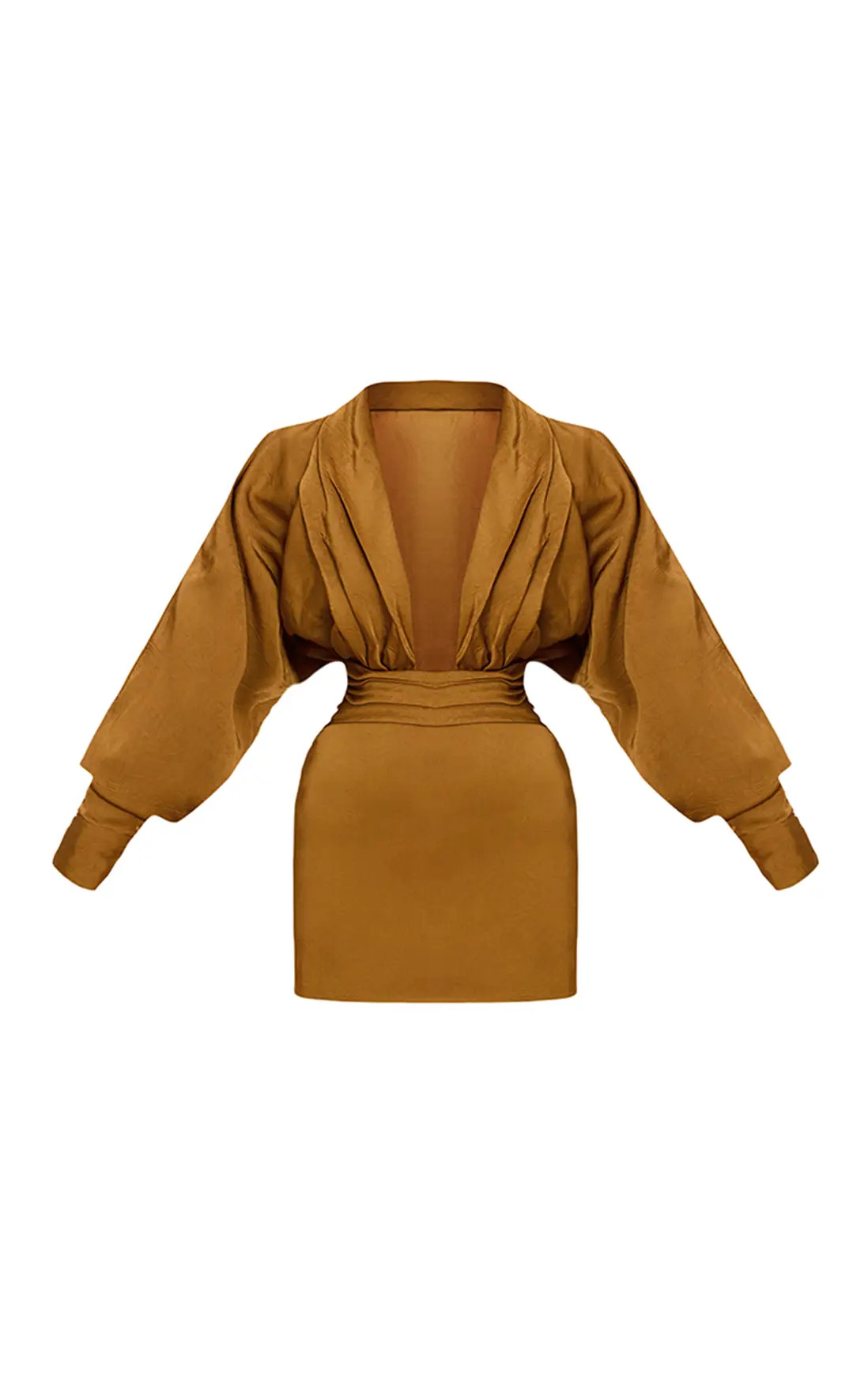 PLT Label Gold Hammered Satin Long Sleeve Plunge Mini Dress | PrettyLittleThing US