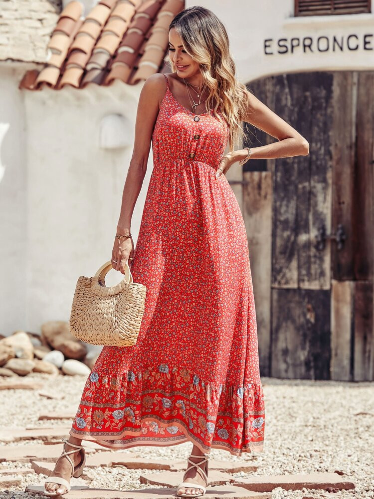 Ditsy Floral Fake Button Ruffle Hem Cami Dress | SHEIN