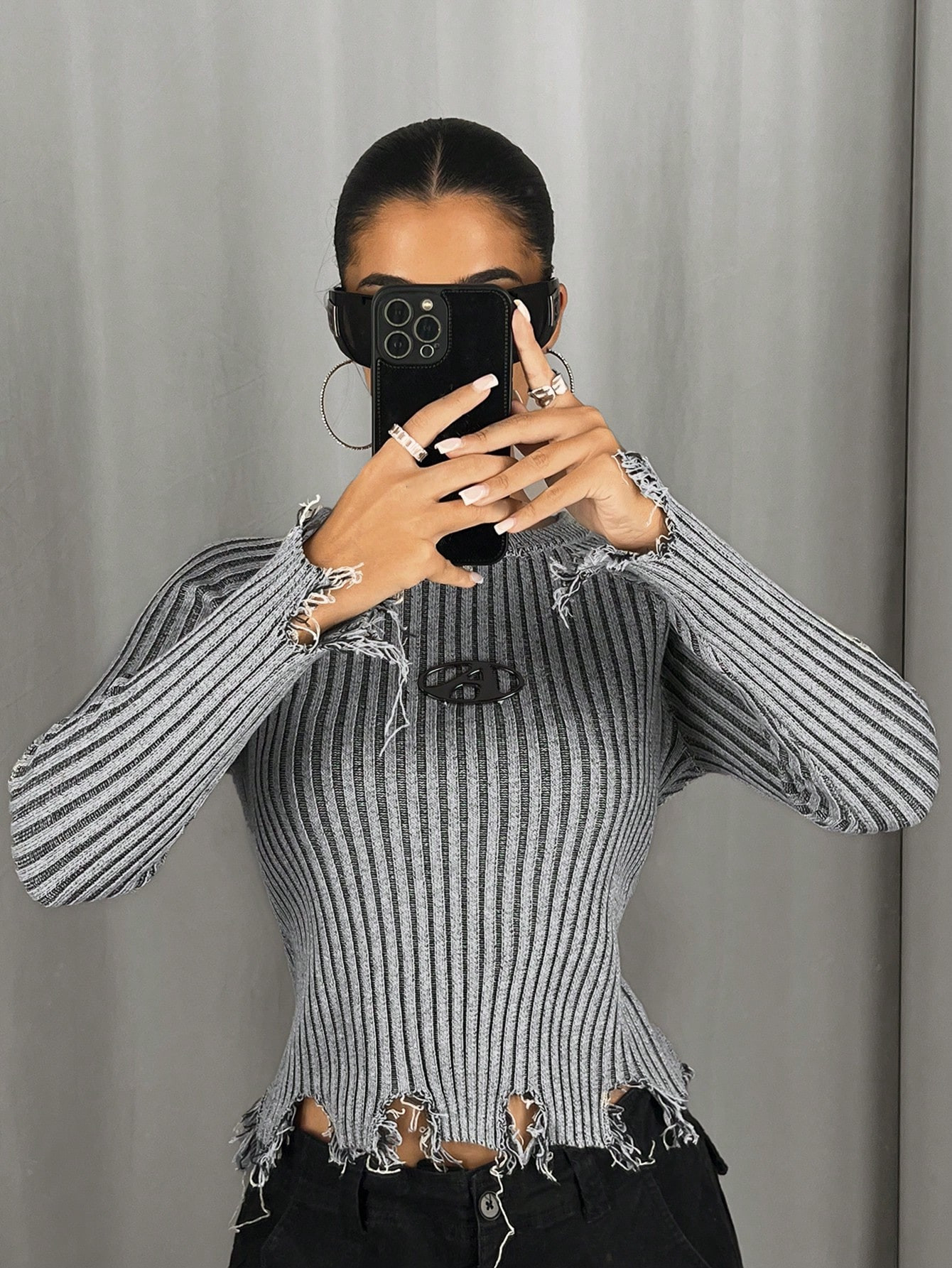 SHEIN ICON Striped Pattern Distressed Sweater | SHEIN