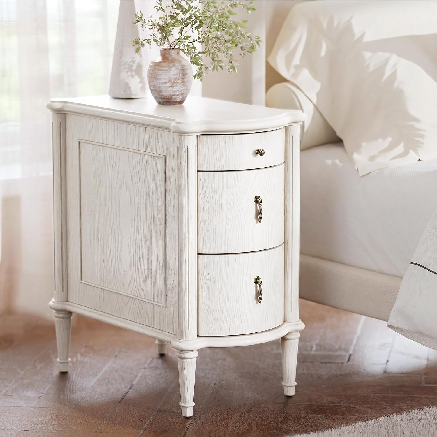 STO'SENSE Nightstand w/Charging Station & 3 Drawers, Pre-Assembled, Vintage Side Table w/Antique-Finished Pulls, Rustic Wood Finish, Narrow End Table w/Turned Legs for Bedroom (1, Ivory White) | Amazon (US)