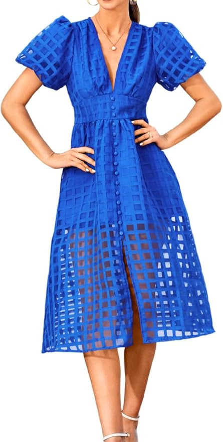 Kaei&Shi V Neck Midi Dress for Women,Puff Sleeve Empire Waist Plaid Organza Dresses,Elegant Forma... | Amazon (US)