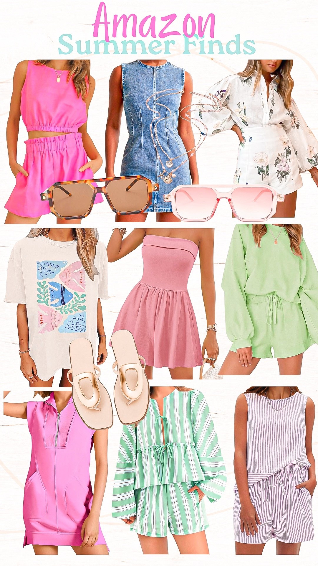 Amazon summer finds 💕🐚

Pink two piece set, denim dress, floral outfit, graphic tee, pink romper, green lounge set, pink dress, green summer set, stripe set, sandals, shell necklace , sunglasses 

#LTKSummerEdit #LTKFindsUnder50 #LTKStyleTip