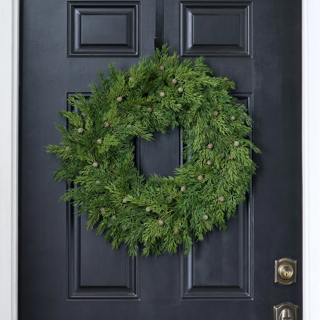 Seeding Real Touch Juniper Berry Faux Greenery Front Door Mantle Wreath 18" | Darby Creek Trading