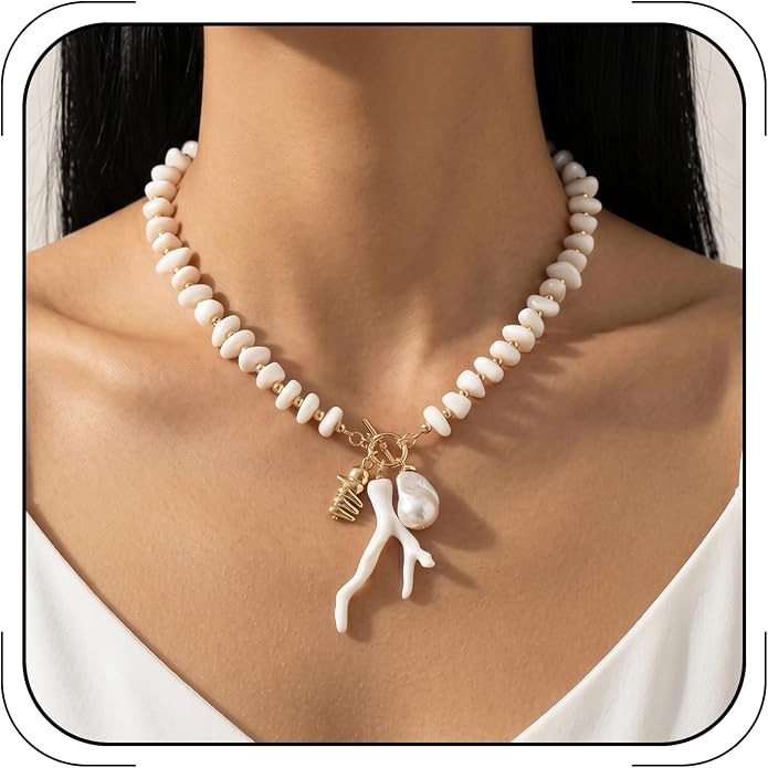Ocean Coral Pendant Necklace for Women Green Acrylic Beaded Choker Gold OT Clasp Baroque Pearl Ch... | Amazon (US)