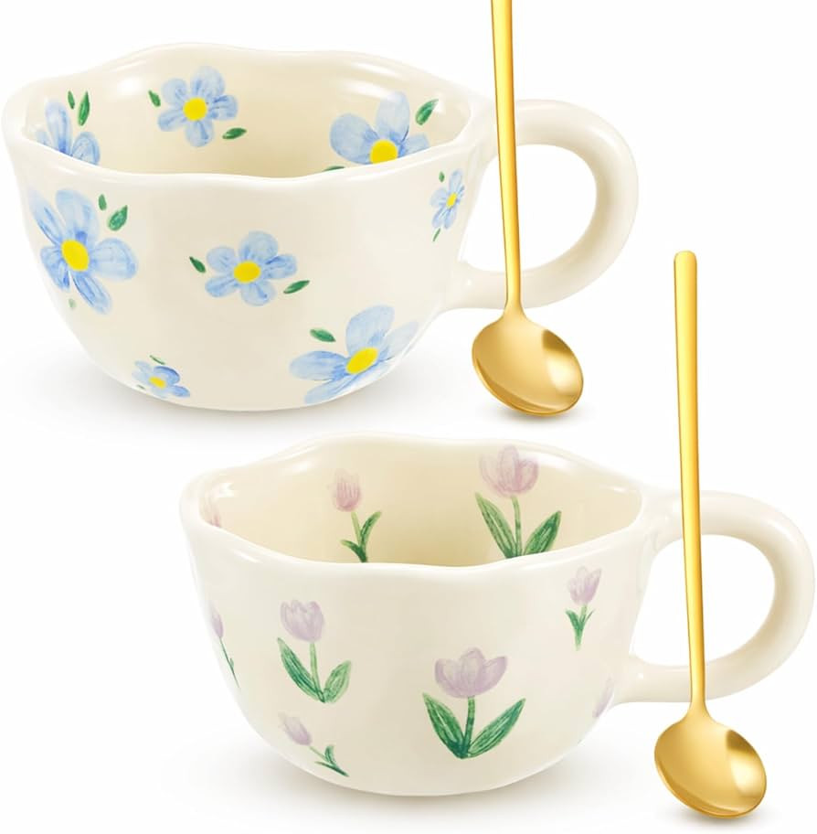 Vesici 2 Pcs Ceramic Coffee Mugs with Spoon, Vintage Floral Spring Mugs with Handle, 8.5 oz Aesth... | Amazon (US)