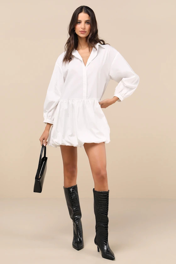 Sophisticated Delight White Collared Bubble-Hem Mini Dress | Lulus