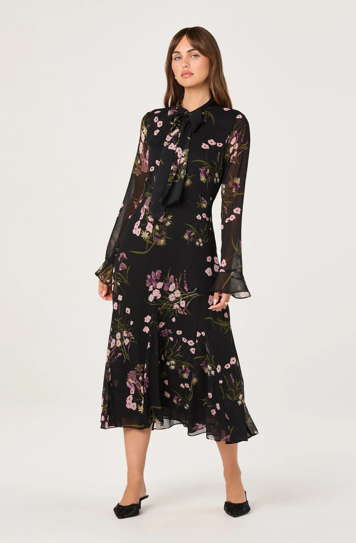 Tie-Neck Ruffled Floral Midi Dress - Black pink floral / M | ASTR The Label (US)