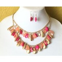 Pink Necklace, Pink Double Strand Necklace, Pink and Gold Necklace, Pink Charm Necklace, Multi Layered Necklace, Statement Necklace | Etsy (US)