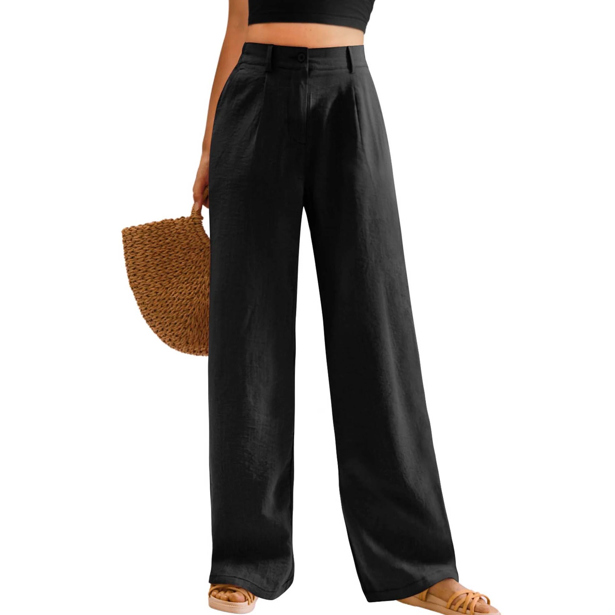Womens Casual Wide Leg Pants High Waisted Button Down Straight Long Trousers Palazzo Pants | Walmart (US)