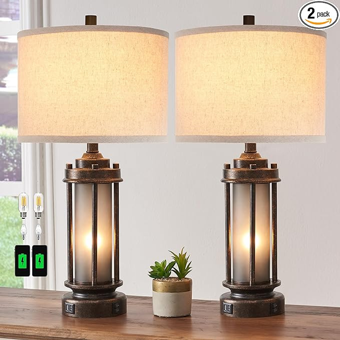 Set of 2 Farmhouse Lamps for Living Room, Rustic Vintage Bedroom Nightstand Table Lamp with 2 USB... | Amazon (US)