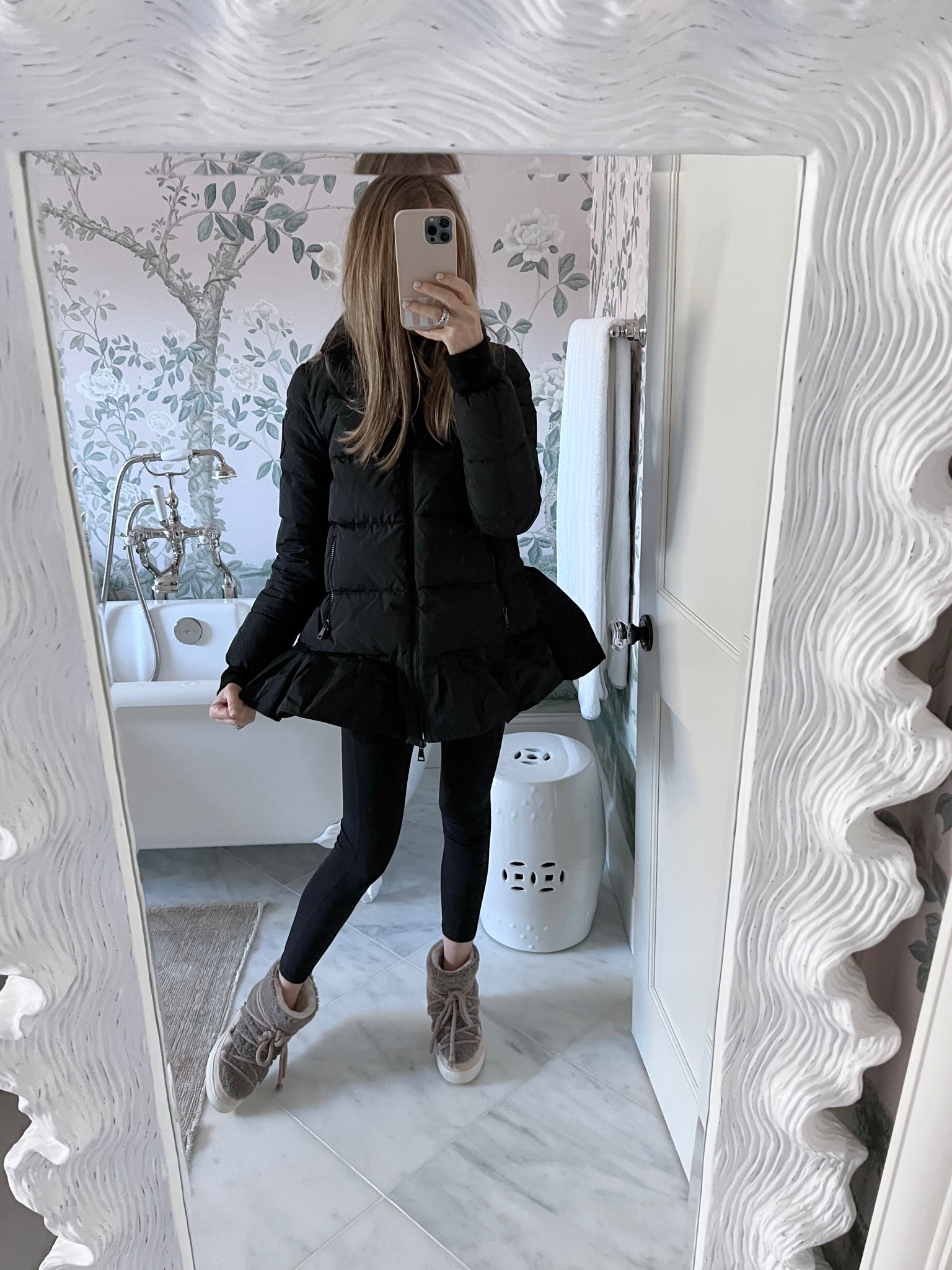 Moncler peplum jacket. Carpool outfit.