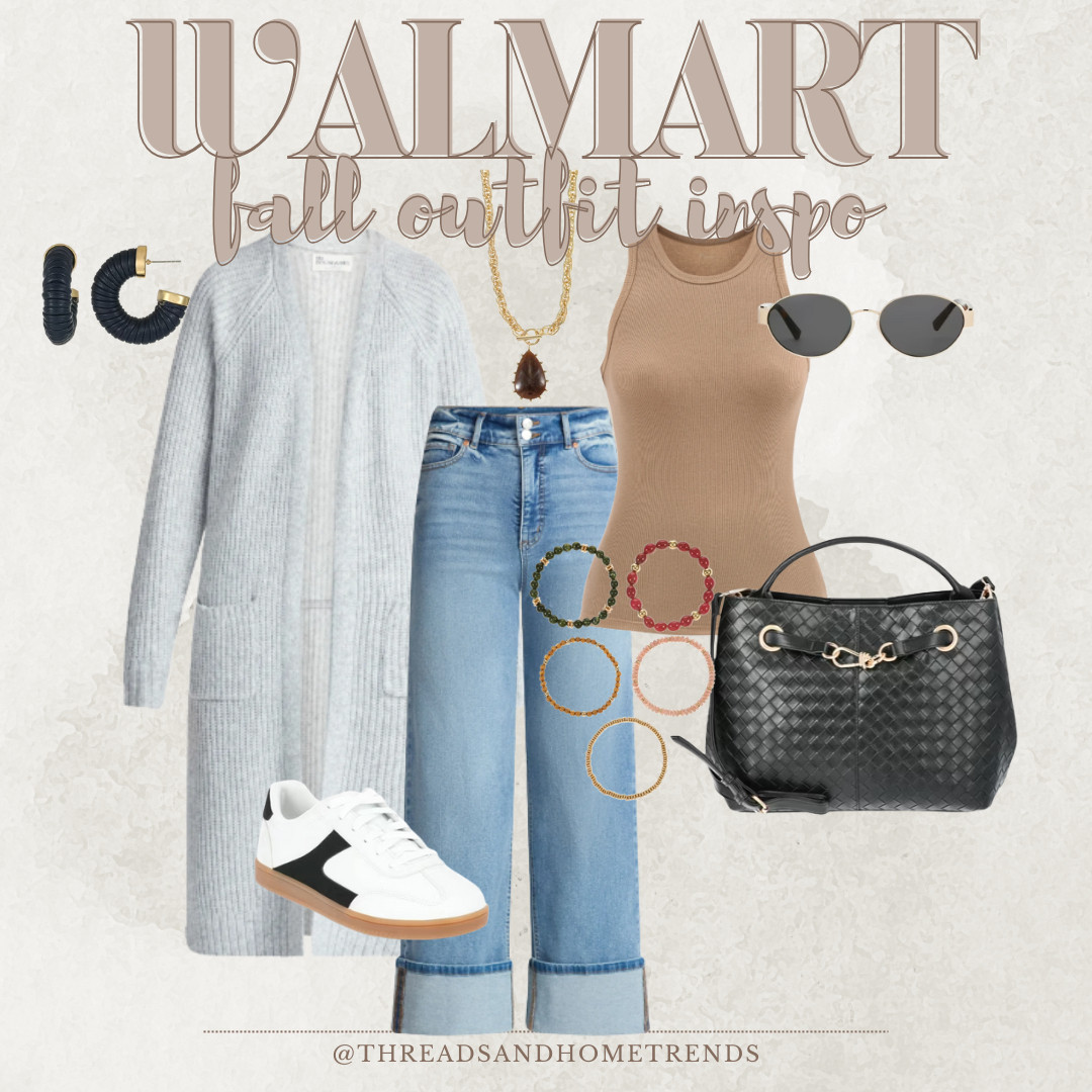 Walmart fall outfit inspo 🍂 Affordable fall fashion you’ll actually wear on repeat! This look includes cuffed denim jeans, neutral tank top, and a cozy grey duster cardigan, layered with trendy sunglasses, black chunky hoop earrings, chunky necklace, black leather crossbody bag, and casual sneakers.

Perfect everyday mom style for running errands, school pick up, or comfy + cute fall outfits on a budget. Shop all these Walmart women’s fashion finds linked in my LTK 🤎be sure to follow @threadsandhometrends for more outfit inspo!  

 

#LTKShoeCrush #LTKStyleTip #LTKFindsUnder50