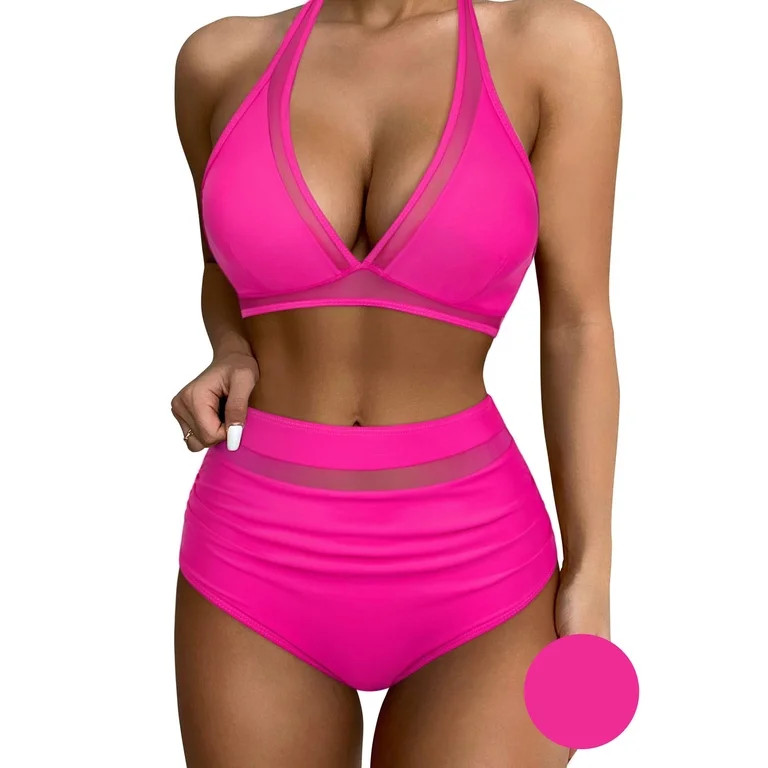 AWCHIC Women Sexy High Waist Bikini Sets Mesh Tummy Control Two-Piece Swimsuits, Size M-2XL | Walmart (US)