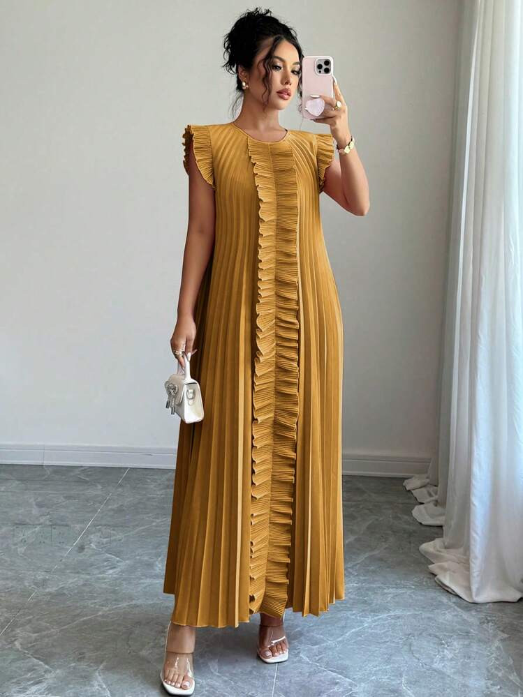 Elenzga Casual Round Neck Pleated Women Dress | SHEIN