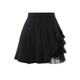 Mesh Inserted Pleated Mini Skirt in Black | Chicwish