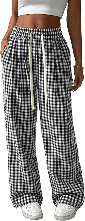 Women's Gingham Plaid Pants Summer Beach High Elastic Waist Wide Leg Palazzo Pants | Amazon (US)