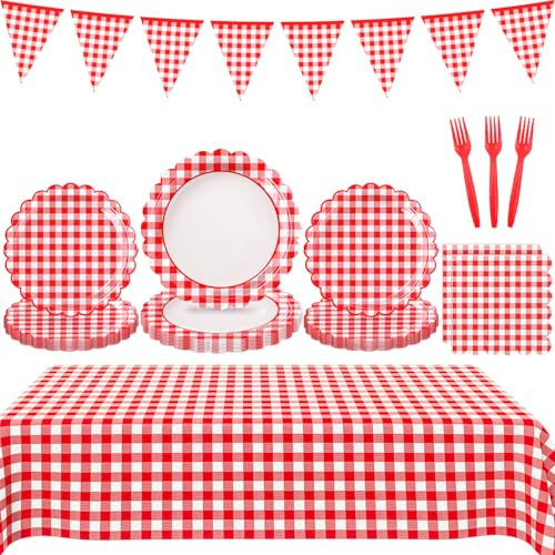 102 PCS Red Gingham Party Supplies - Christmas Scalloped Plates, Napkins, Cups, Forks, Banner, Gingham Tablecloth for Baby Shower, Birthday, Picnic Party Decorations, Serves 25 | Amazon (US)
