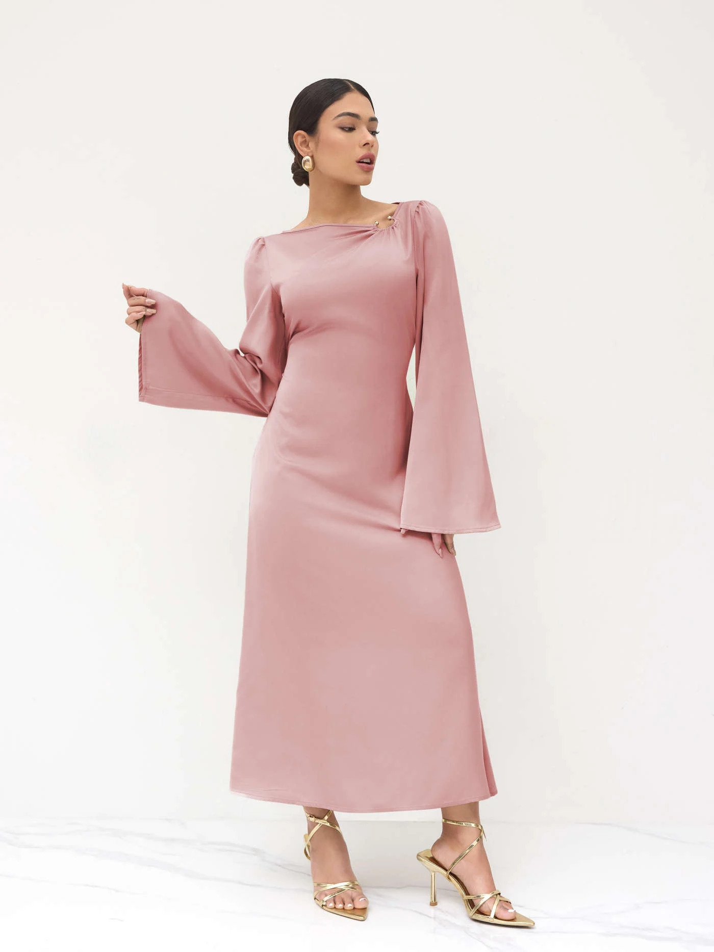 Satin Satin Asymmetrical Neck Knotted Pierced Maxi Dress For Daily Casual | Cider