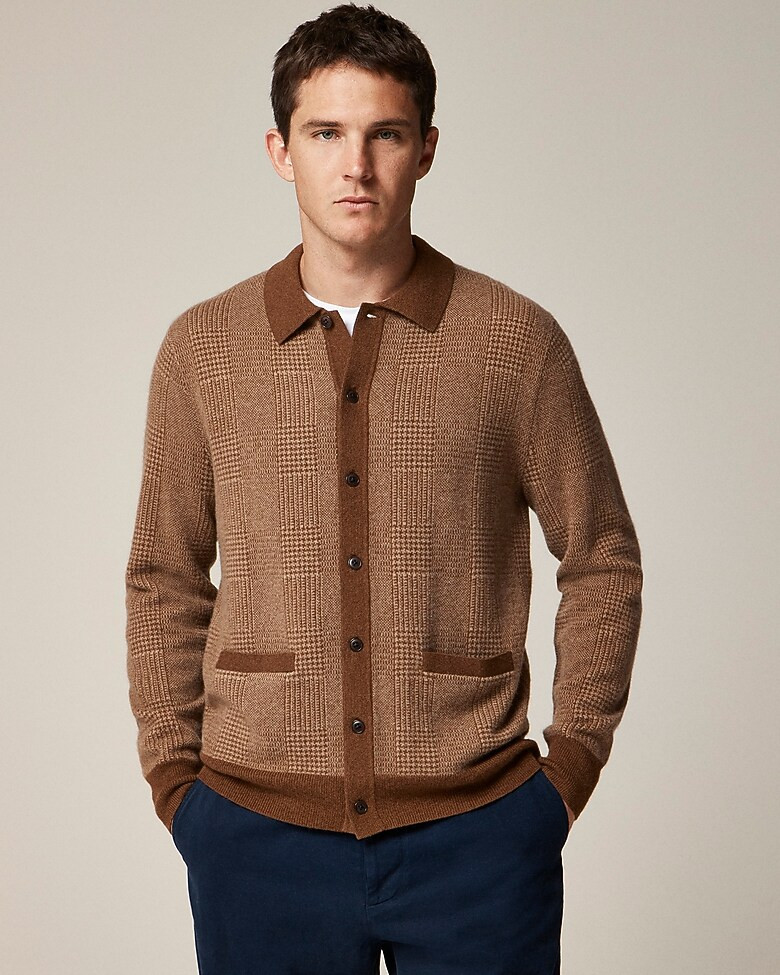 Cashmere polo cardigan sweater in glen plaid | J. Crew US