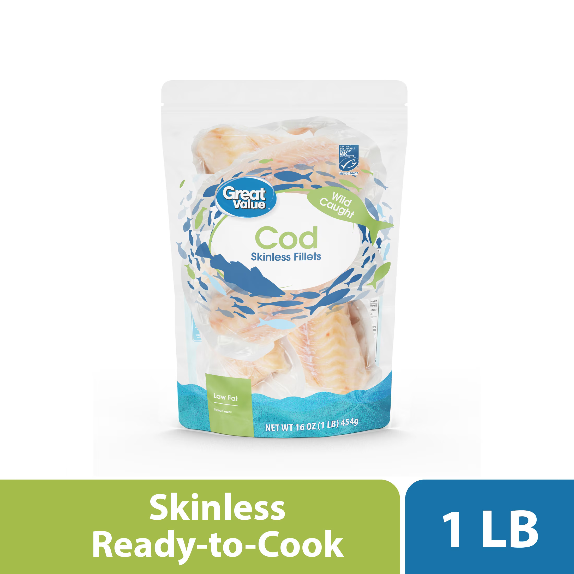 Great Value Wild Caught Skinless Cod Fillets, 1 lb Bag (Frozen) - Walmart.com | Walmart (US)