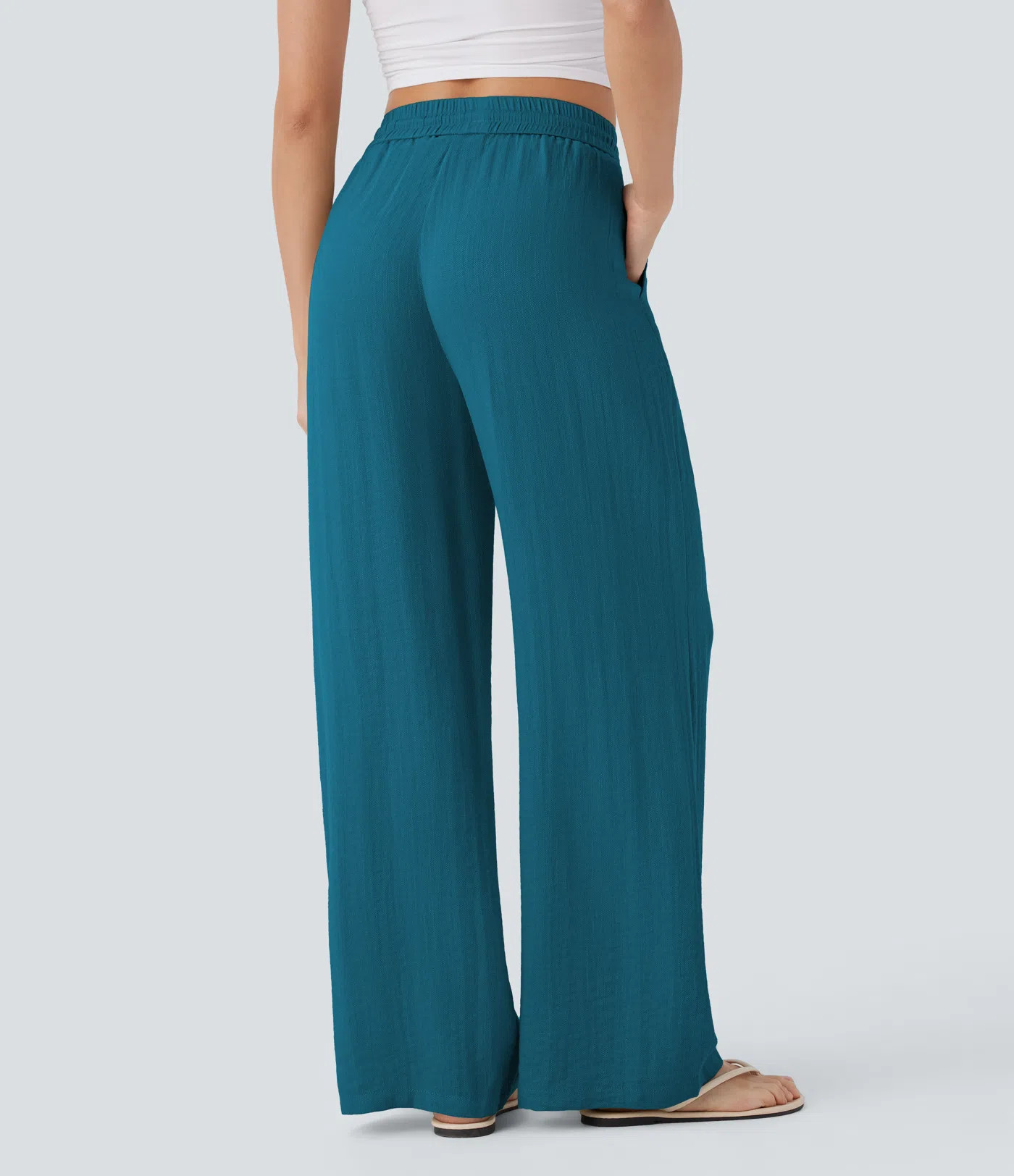 Women’s High Waisted Drawstring Pocket Wide Leg Baggy Casual Linen-Feel Pants - Halara | HALARA