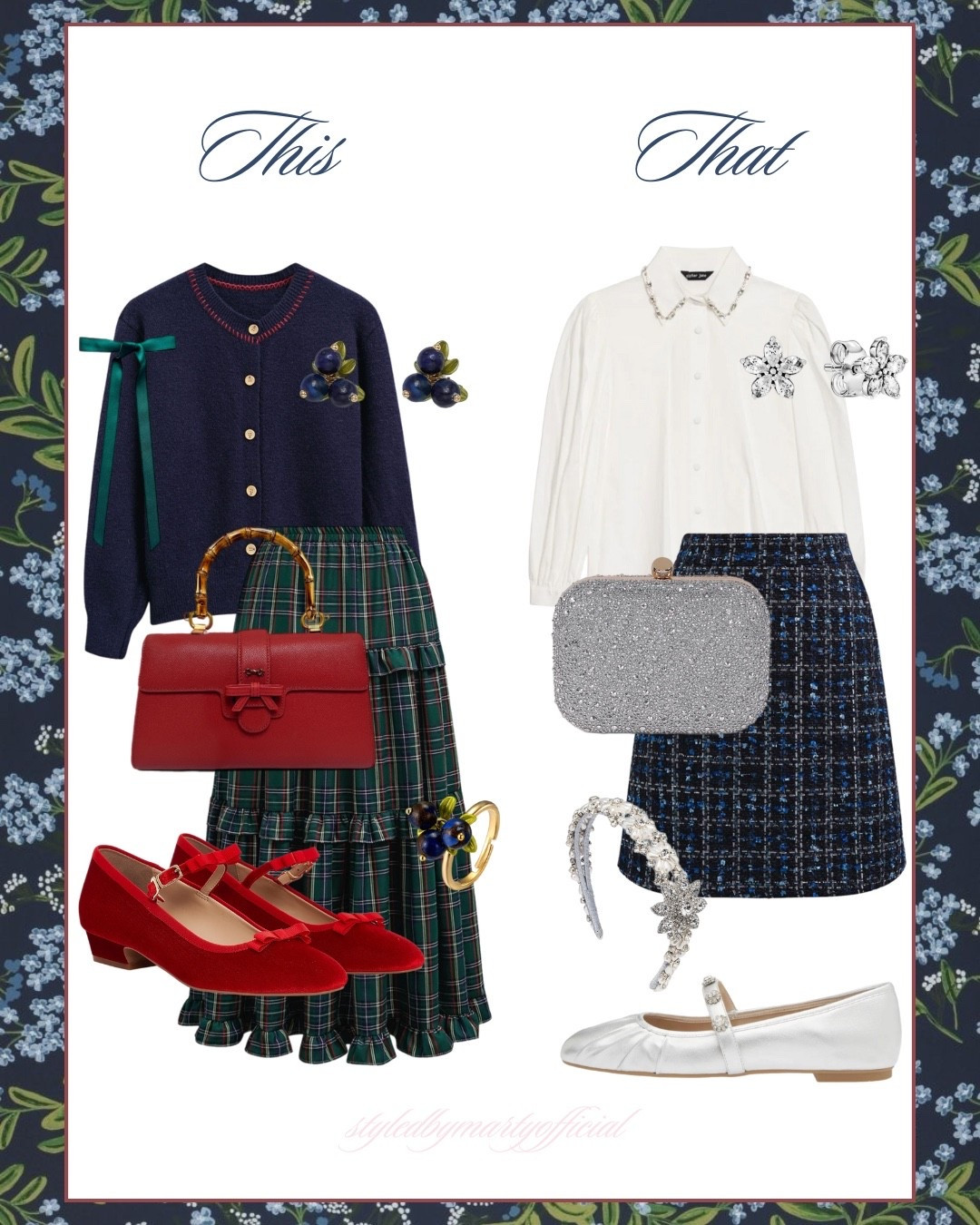 This or That? - Holiday Outfit Ideas🎄

✨Selenichast products: use code marty31 31% off until 12/31

Holiday fashion, holiday style, festive outfit, Christmas outfit, Christmas brunch outfit, Christmas gathering outfit, plaid skirt, green plaid skirt, tartan style, blue tweed skirt, white shirt, cardigan, red shoes, red Mary Jane, Christmas shoes, red bag, crystal embellished clutch bag, silver ballerina flat 

#LTKootd #LTKFindsUnder100 #LTKHoliday