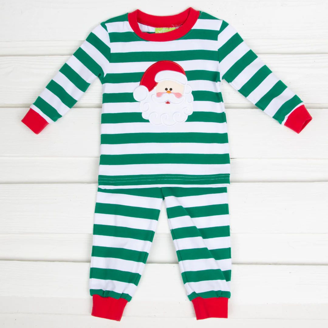 Santa Applique Green Stripe Pajamas | Classic Whimsy