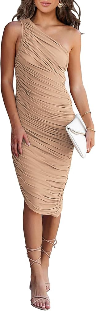 PRETTYGARDEN Women's Ruched Bodycon Dress 2024 Summer One Shoulder Sleeveless Party Cocktail Penc... | Amazon (US)