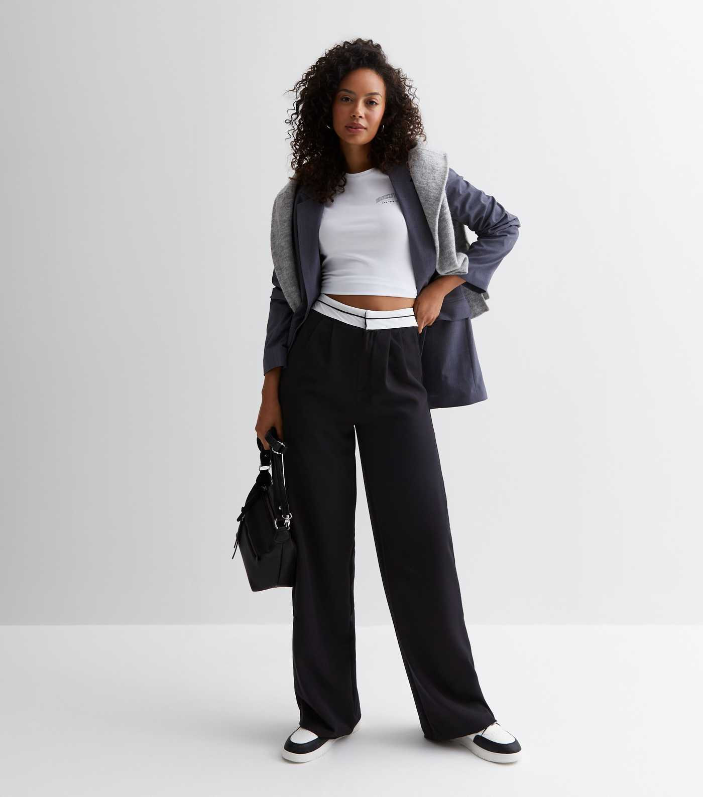 Tall Black Contrast Waistband Wide Leg Trousers | New Look | New Look (UK)