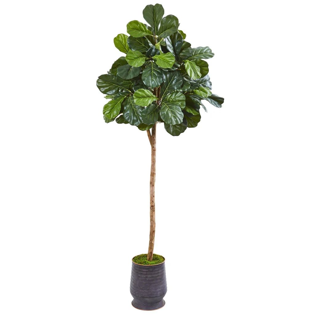 80” Fiddle Leaf Fig Artificial tree in Ribbed Metal Planter | Nearly Natural