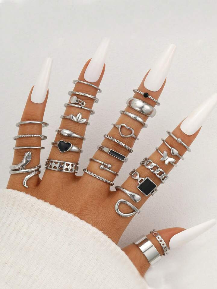 27pcs/Set Summer Fashion Personality Heart And Square Shaped Ring Set | SHEIN