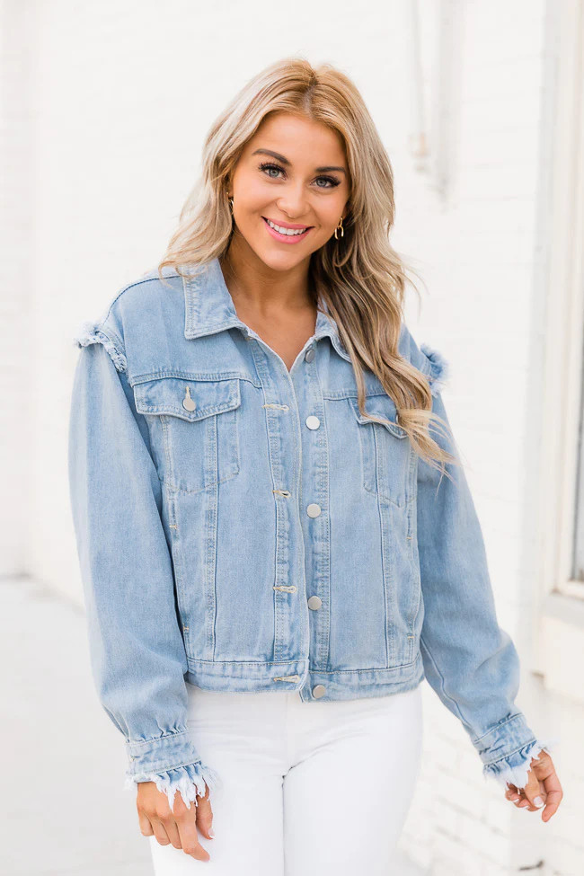 Turn A New Leaf Light Wash Frayed Detail Denim Jacket | Pink Lily