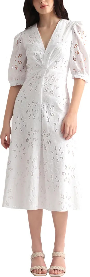 Puff Sleeve Cotton Eyelet Midi Dress | Nordstrom