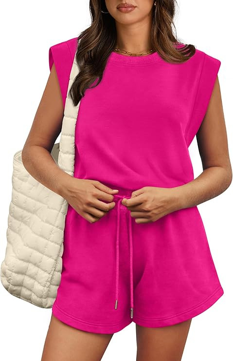 OFEEFAN Rompers for Women Summer Cap Sleeve Adjustable Drawstring Waistband Crewneck Casual Outfi... | Amazon (US)