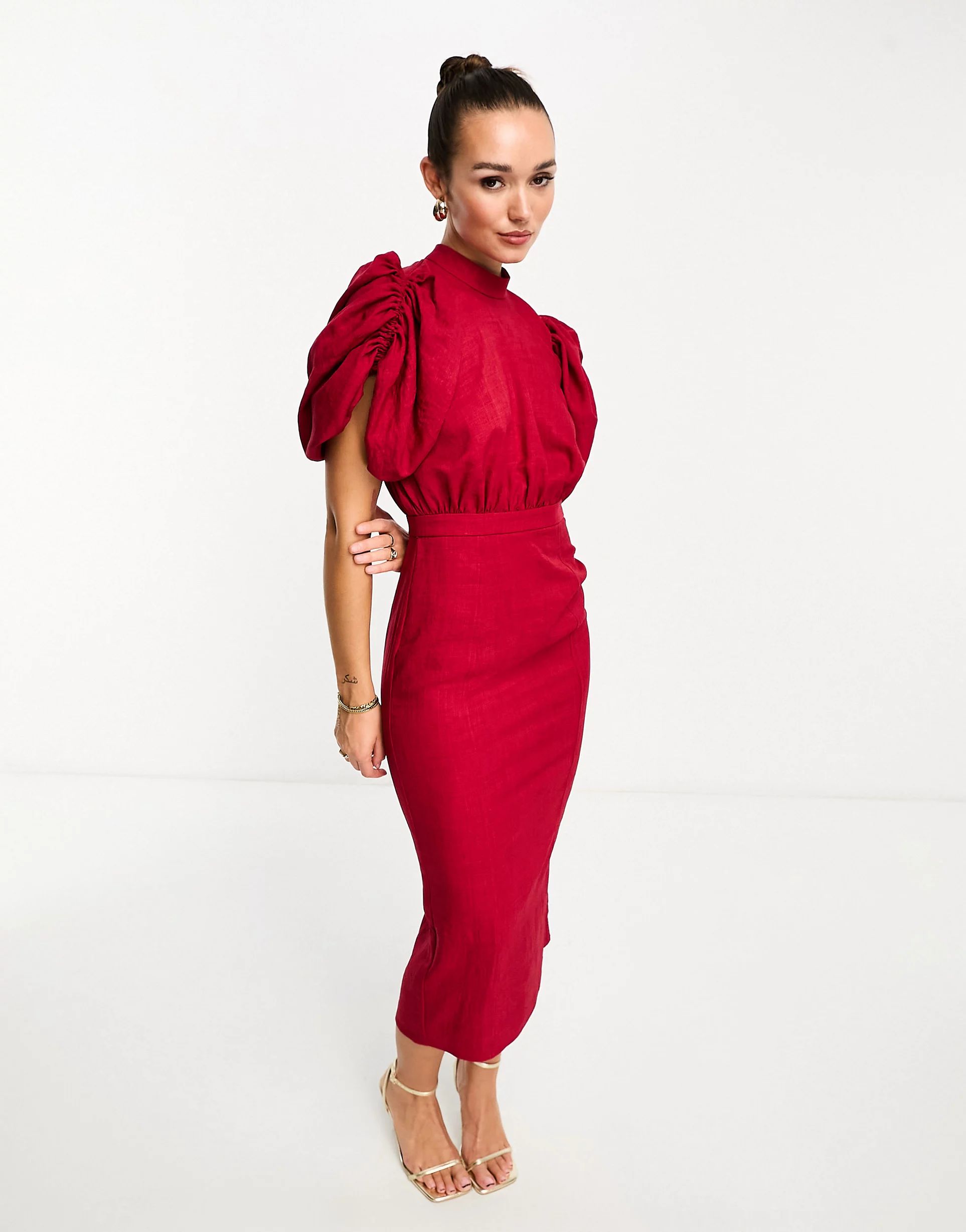 ASOS DESIGN high neck volume sleeve midi dress with fitted skirt in berry | ASOS (Global)