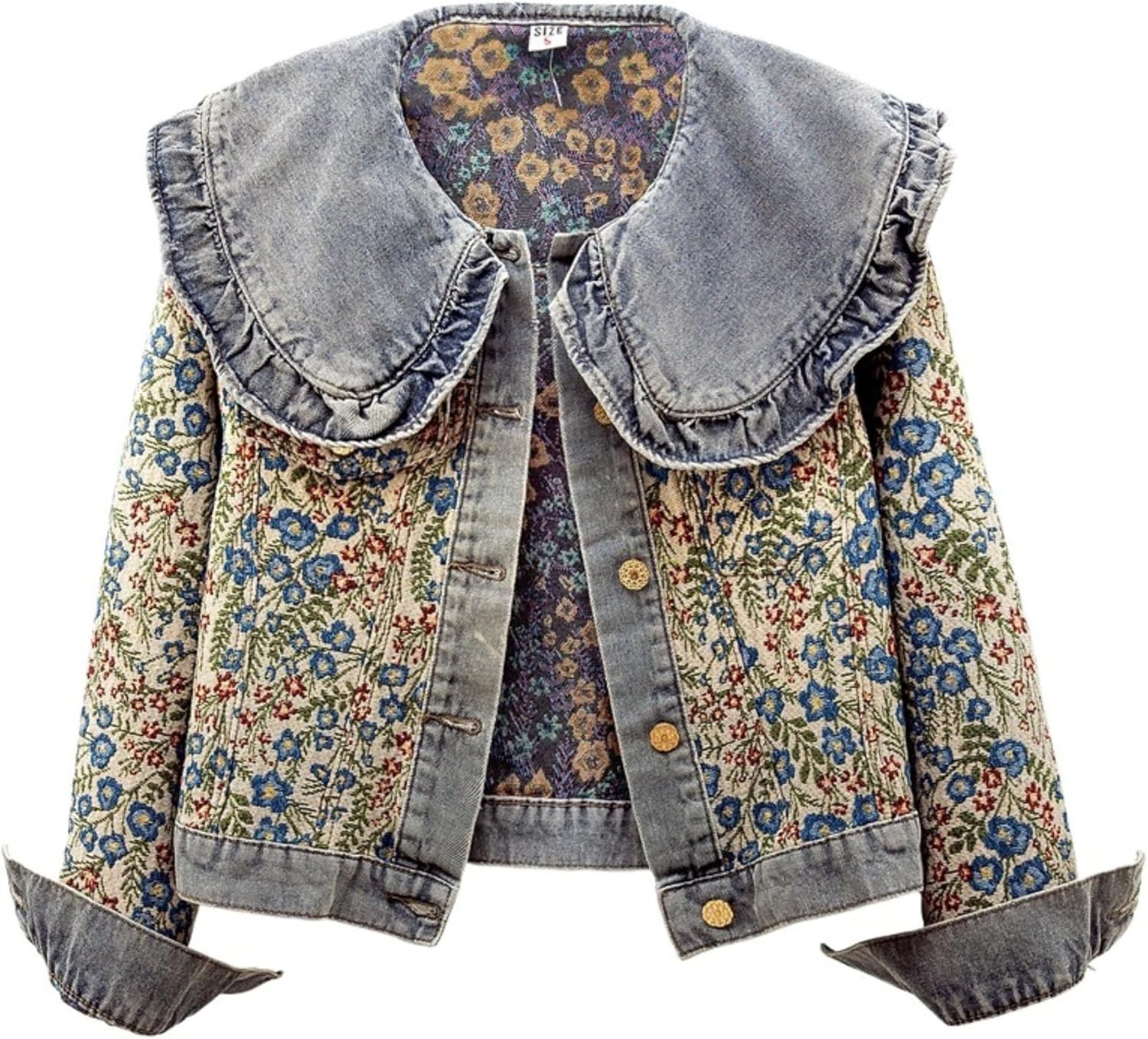 Unilexi Womens peter pan collar embroidered jean jackets Long Sleeve Jacquard versatile Denim Jackets | Amazon (US)