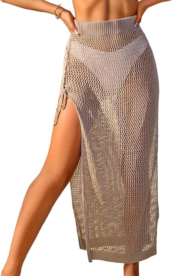 ZAFUL Women's Swimsuit Cover Up Crochet Sheer Knit Side Slit Maxi Beach Skirt Sarong | Amazon (US)