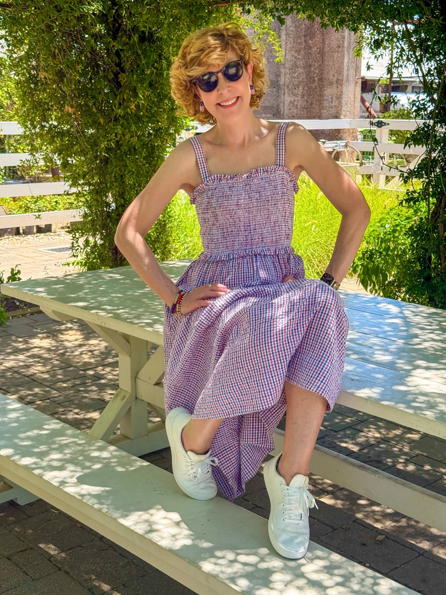 seersucker dress, darling patriotic earrings, and machine washable sneakers.

#LTKSeasonal #LTKSaleAlert