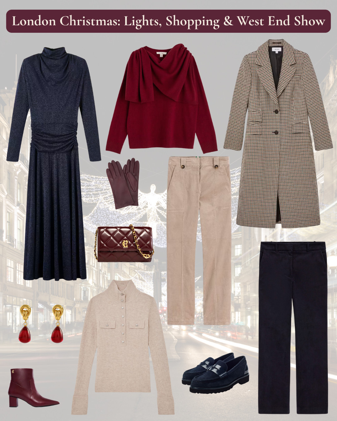 London Christmas weekends: Shopping by day, West End theatre by night. Comfortable city style that transitions from Regent Street lights to theatre seats. Including a comfortable jersey dress with a touch of sparkle paired with heeled ankle boots for the evening and a tweed coat and cosy cords and knits with chunky loafers for shopping. 

 #LTKuk #LTKfestive #LTKover50style