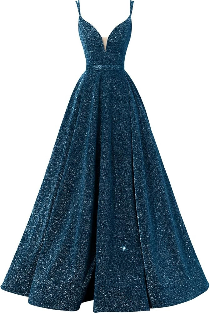 Glitter Long Prom Dresses 2025 Sparkly Evening Gown with Slit Spaghetti Strap V Neck Formal Prom ... | Amazon (US)