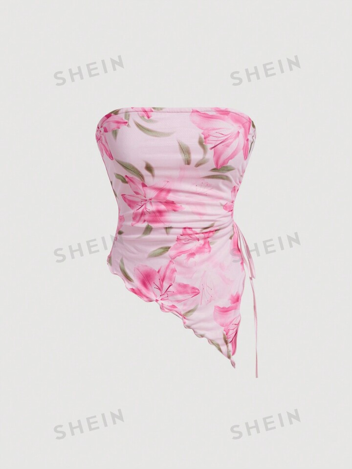 SHEIN MOD Women Pink Floral Pattern Asymmetric Hem Bandeau Top4.94(100+) | SHEIN