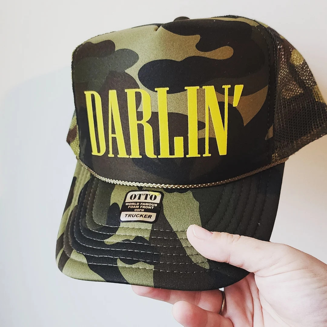 Trendy Camo Foam Trucker Hat, Darlin' Yellow Lettering, Honky Tonk Hat, Nashville Hat for Men or ... | Etsy (US)