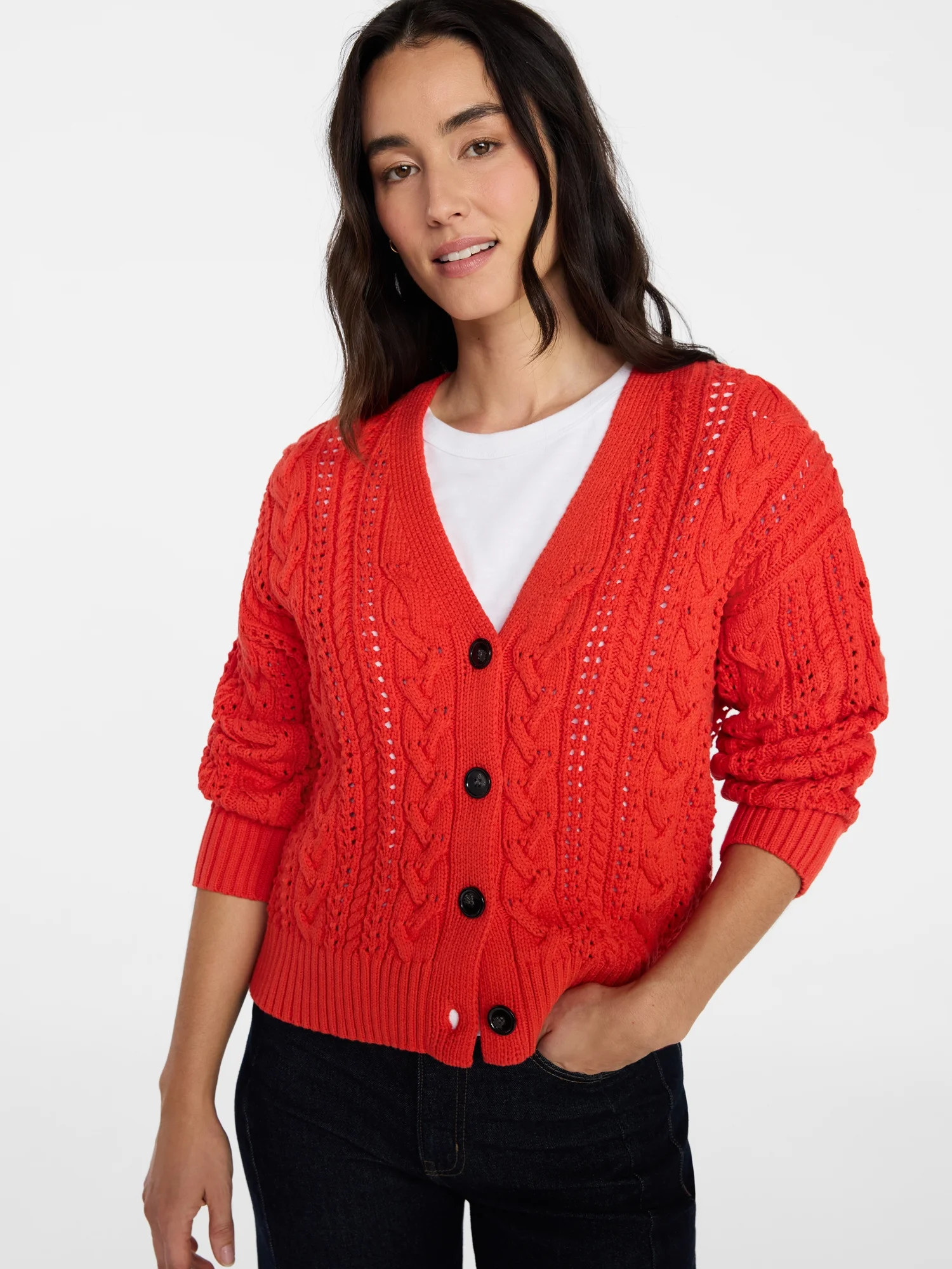 Time and Tru Women's Cable Knit Cardigan Sweater with Long Sleeves, Lightweight, Sizes XS-XXXL | Walmart (US)