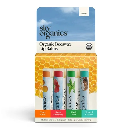 Sky Organics Organic Beeswax Lip Balm, Citrus, Strawberry, Mint, and Coconut, 4 Pack | Walmart (US)