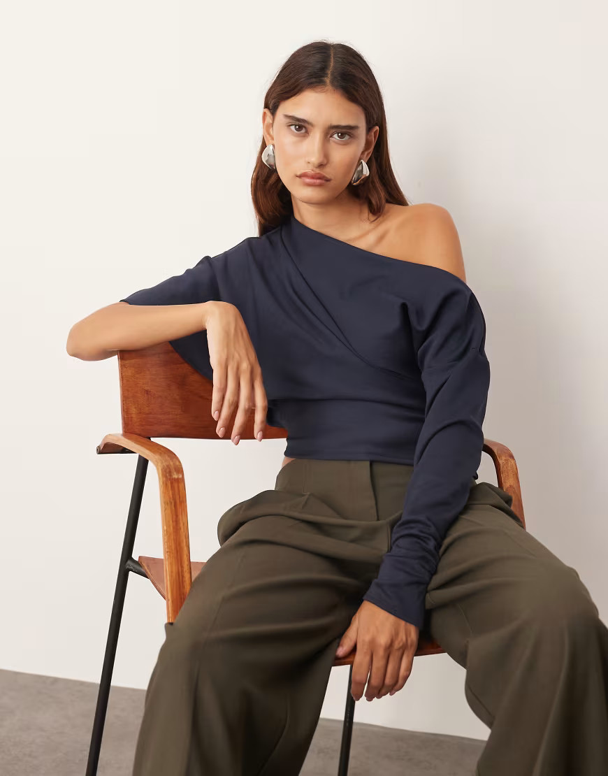 ARRANGE off shoulder drape top in navy | ASOS (Global)