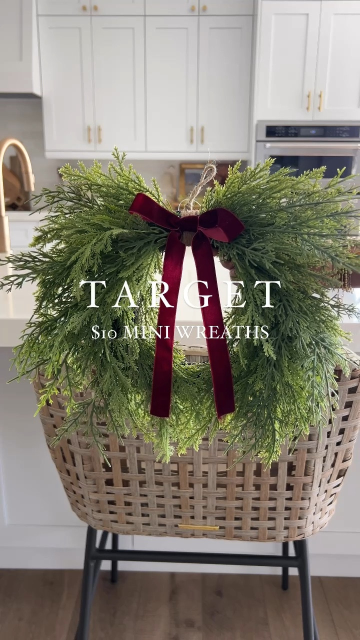 Target $10 Mini Wreaths, these adorable 13” cedar wreaths come with beautiful burgundy velvet ribbon, perfect for decorating your chairs, stools, doors, windows, or even a tall cabinet, Christmas decor, holiday decorations 

#LTKHome #LTKHoliday #LTKSeasonal