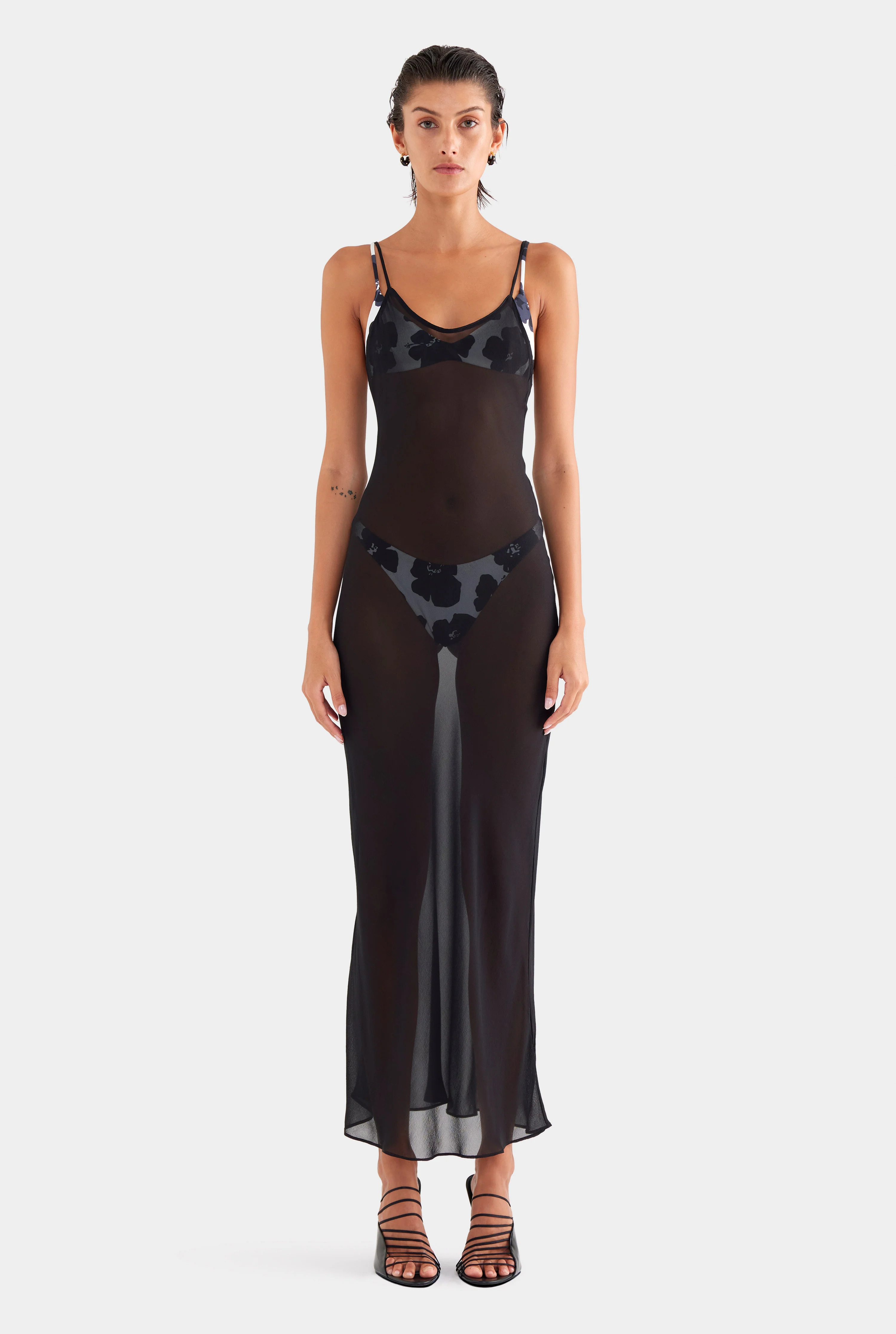 Womens Sheer Silk Slip Dress in Black | Venroy | Venroy AU